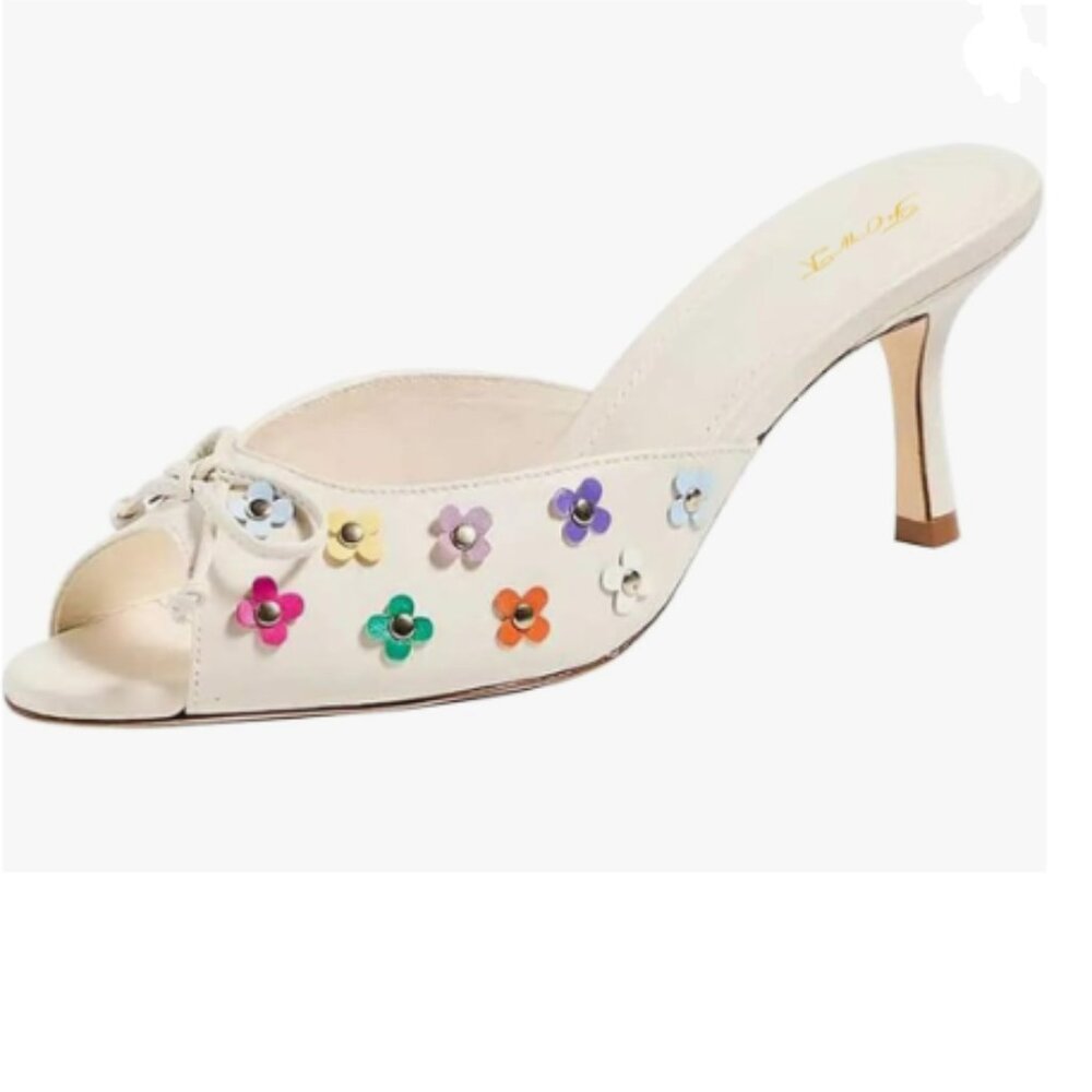 FOWT White Peep Toe Bow Mules Slip on High Heel Slippers Flower Studs Sandal